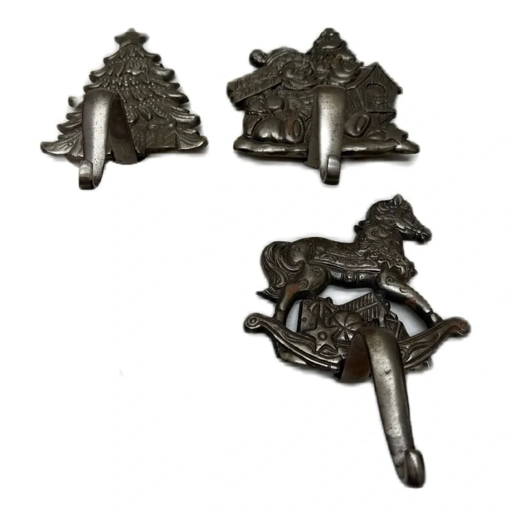 Vtg Grandeur Noel Metal Stocking Holders Christmas Tree Snowman Rocking Horse